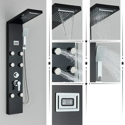 Modern black rainfall shower panel with massage screen – bathroom