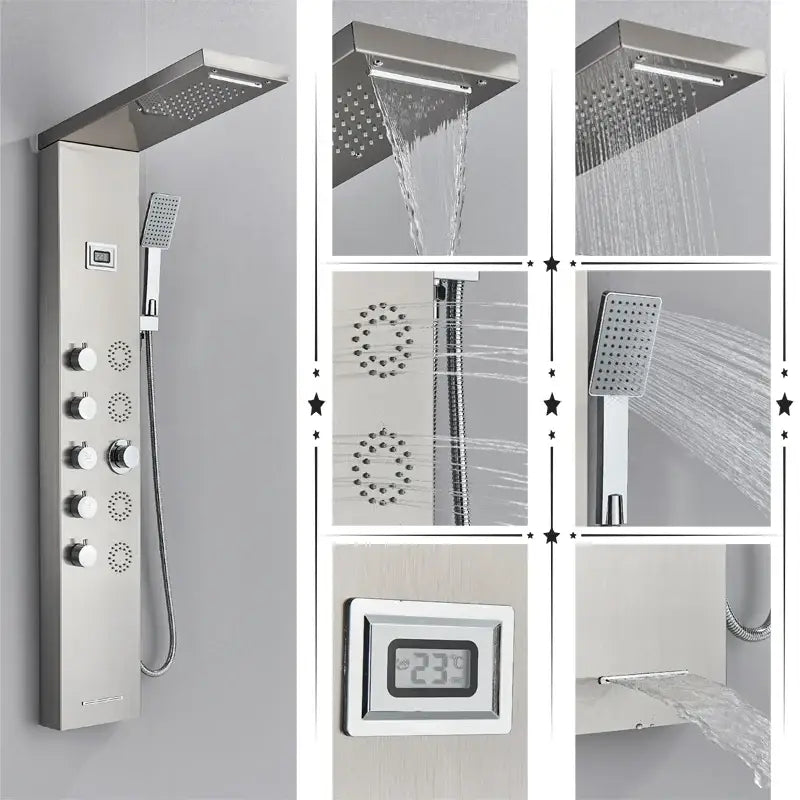 Modern black rainfall shower panel with massage screen – bathroom