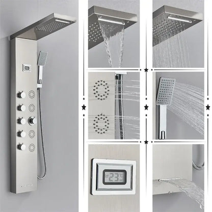 Modern black rainfall shower panel with massage screen – bathroom