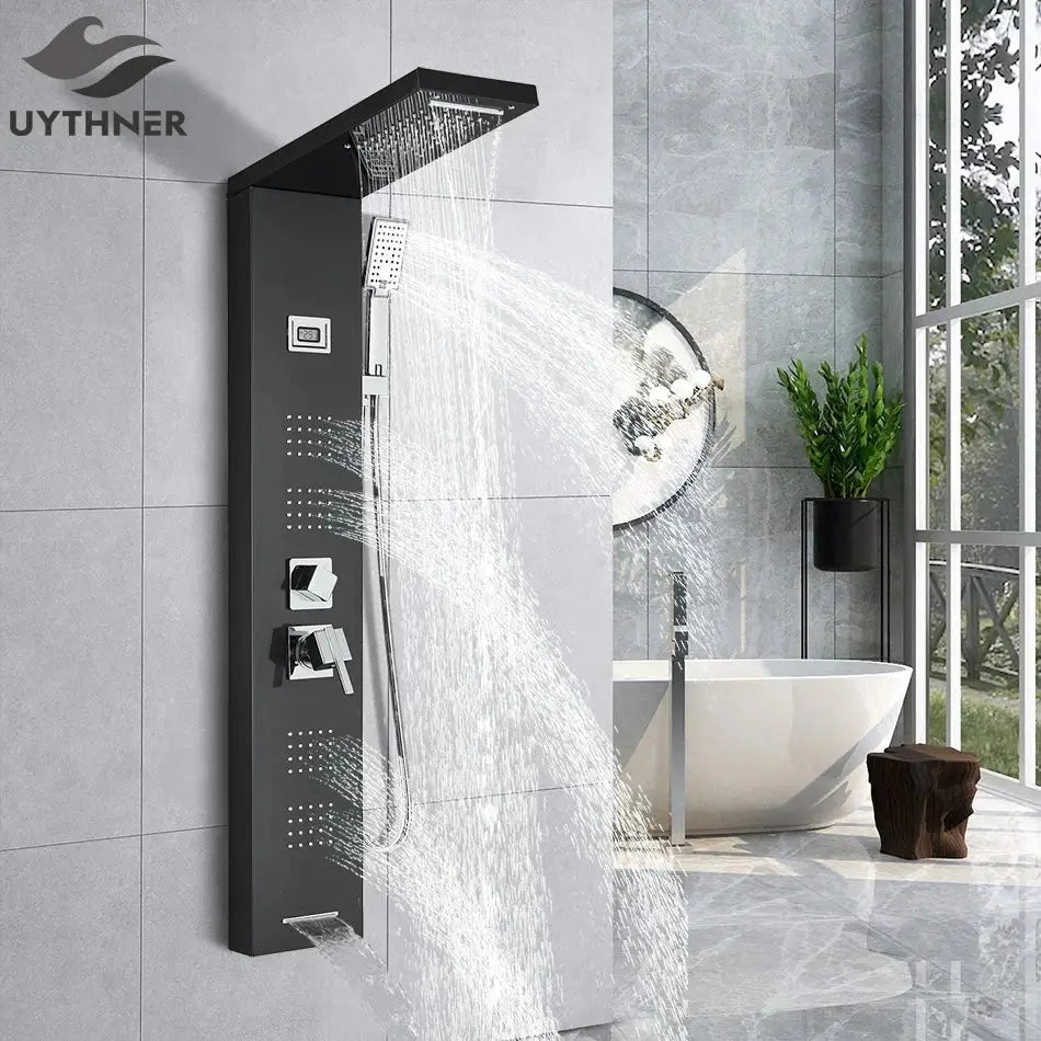 Modern black rainfall shower panel with massage screen – bathroom