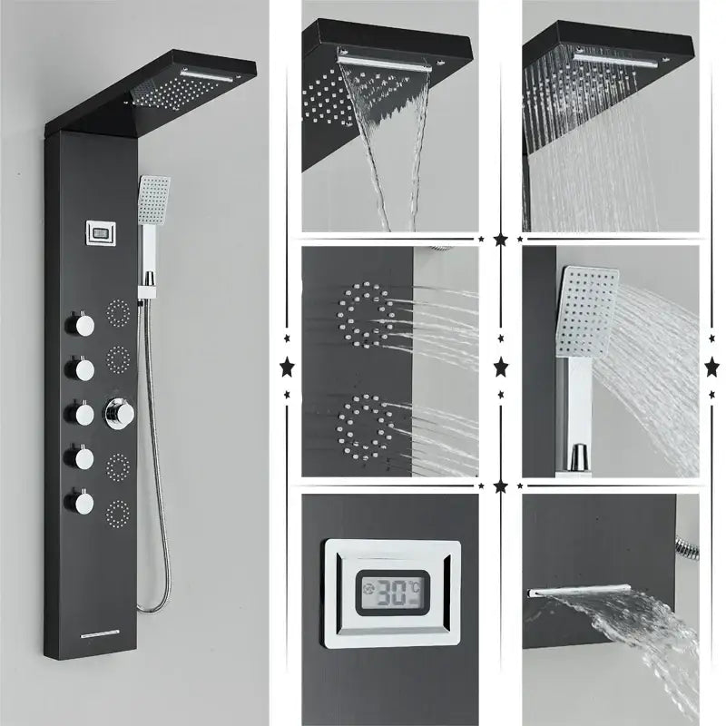 Modern black rainfall shower panel with massage screen – bathroom