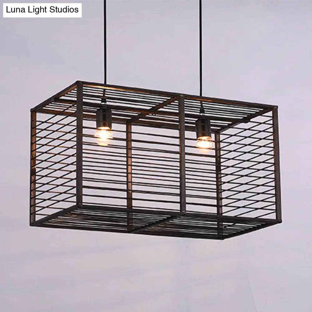 DecorBites™ Modern Black Rectangle Cage Island Pendant Light - 16"/19.5" W, 2-Light Bamboo Suspension Lamp for Restaurants