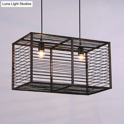 DecorBites™ Modern Black Rectangle Cage Island Pendant Light - 16"/19.5" W, 2-Light Bamboo Suspension Lamp for Restaurants