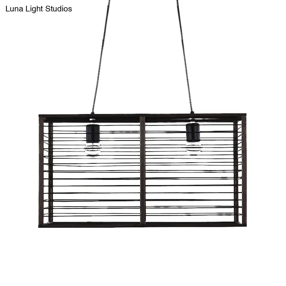 DecorBites™ Modern Black Rectangle Cage Island Pendant Light - 16"/19.5" W, 2-Light Bamboo Suspension Lamp for Restaurants