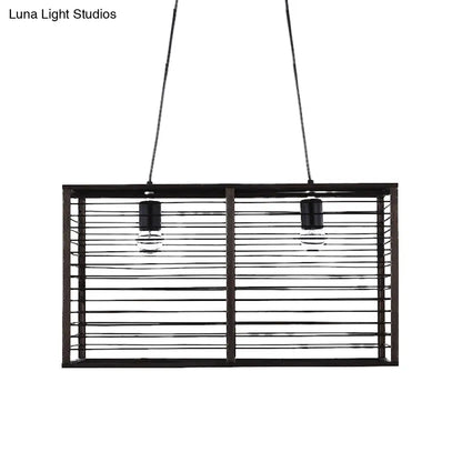 DecorBites™ Modern Black Rectangle Cage Island Pendant Light - 16"/19.5" W, 2-Light Bamboo Suspension Lamp for Restaurants