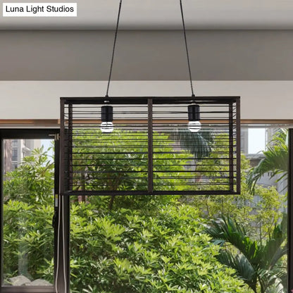 DecorBites™ Modern Black Rectangle Cage Island Pendant Light - 16"/19.5" W, 2-Light Bamboo Suspension Lamp for Restaurants