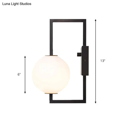 DecorBites™ Modern Black Rectangular Wall Sconce with White Glass Orb Shade - 1 Bulb Metal Lighting