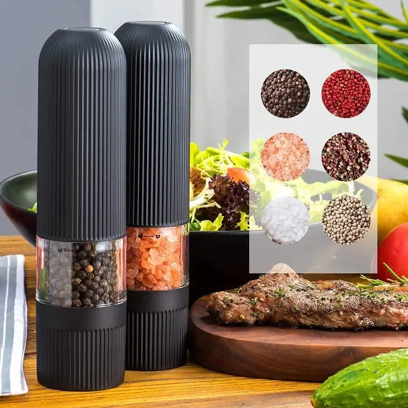 Modern black ribbed automatic salt pepper grinder set kitchen mill