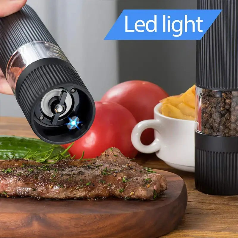 Modern black ribbed automatic salt pepper grinder set kitchen mill