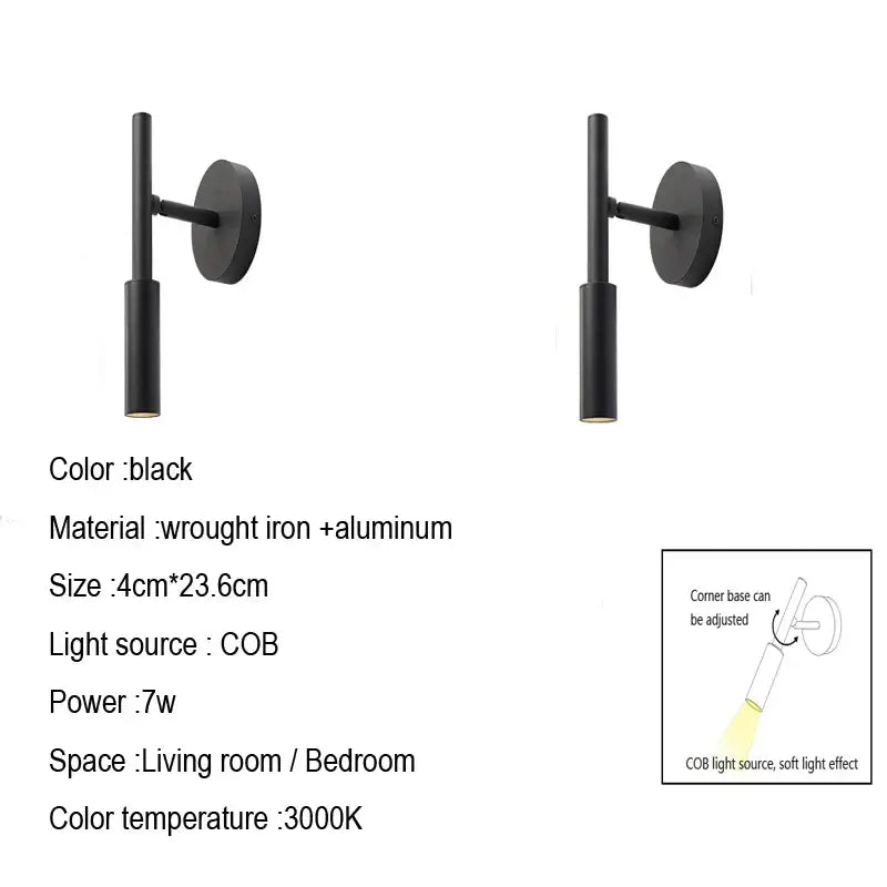 Modern black rotatable led wall lamp bedroom spotlight