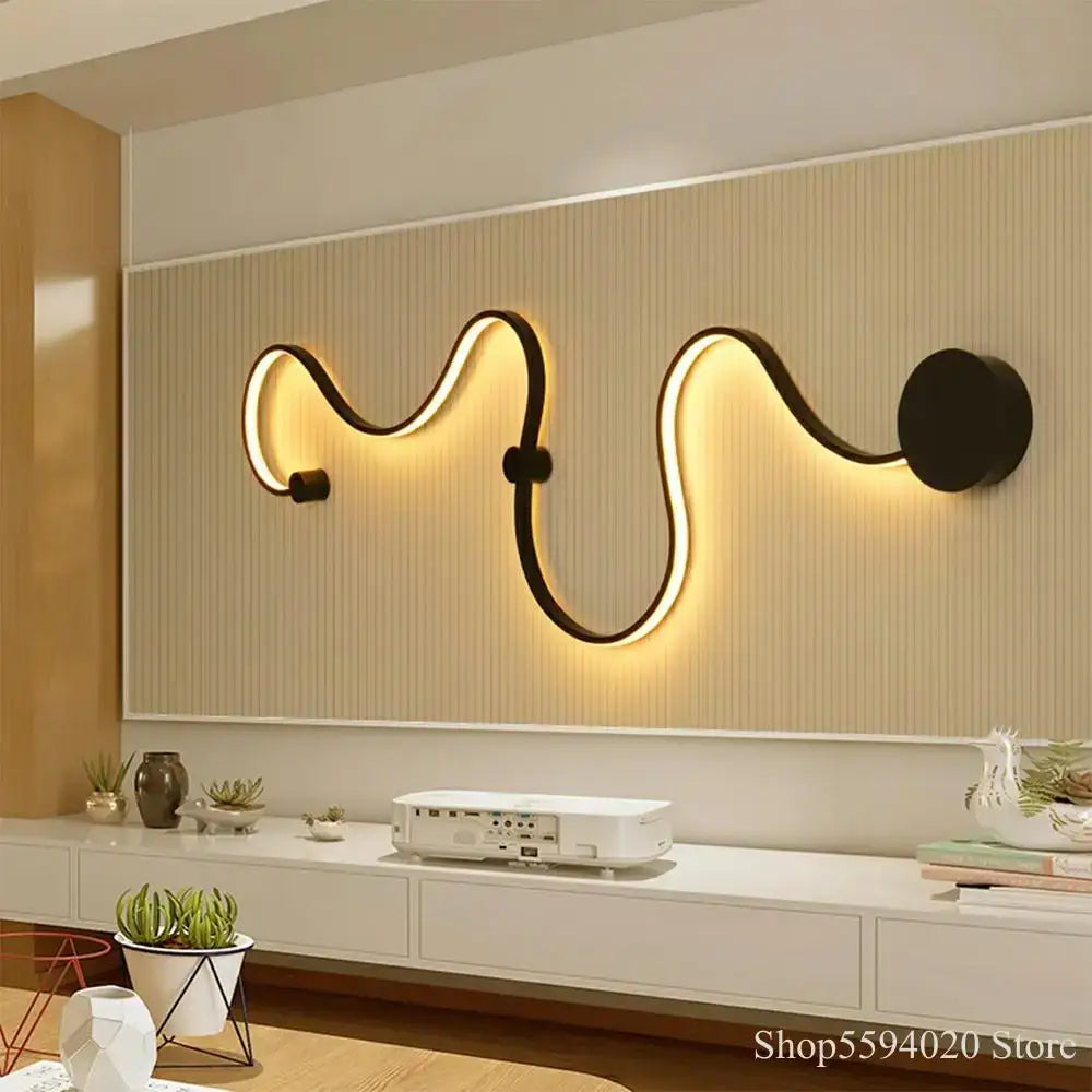 Modern black serpentine led wall lamp for living room