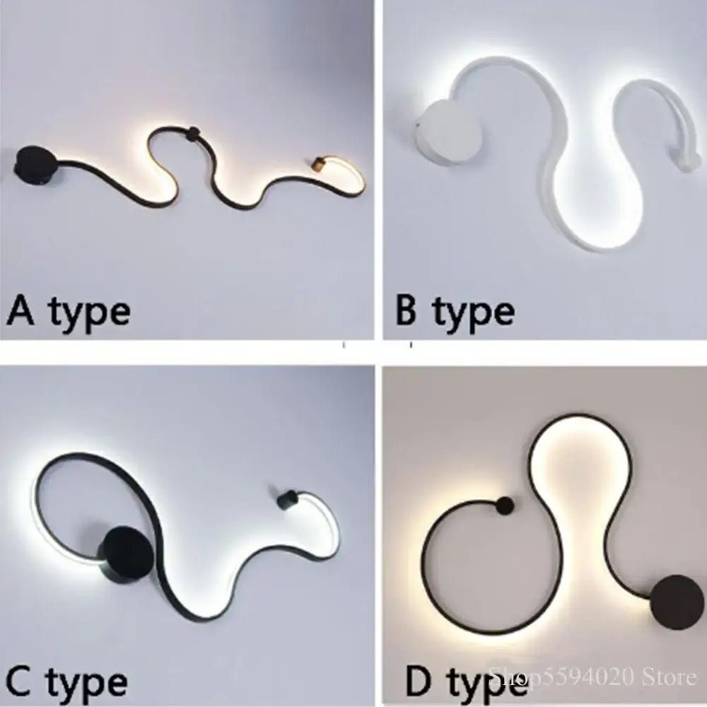 Modern black serpentine led wall lamp for living room