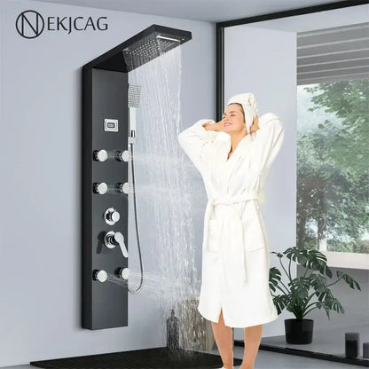 Modern black shower panel rainfall waterfall system – bathroom faucet