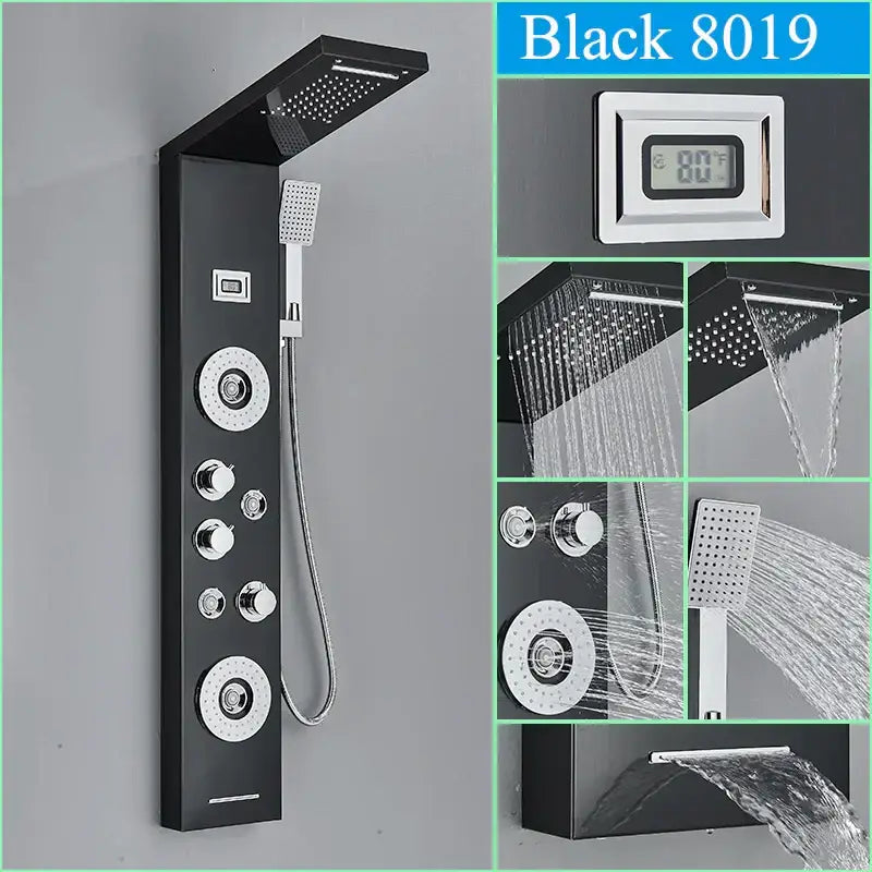 Modern black shower panel rainfall waterfall system – bathroom faucet