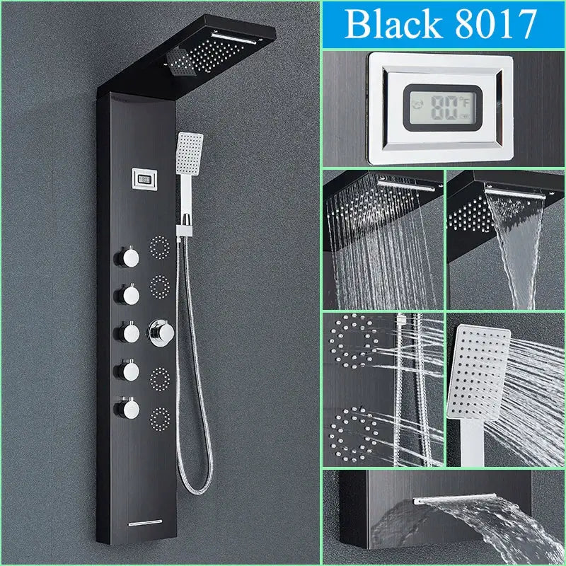 Modern black shower panel rainfall waterfall system – bathroom faucet
