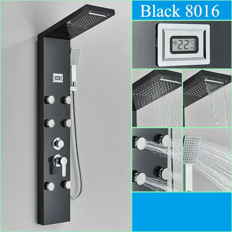 Modern black shower panel rainfall waterfall system – bathroom faucet