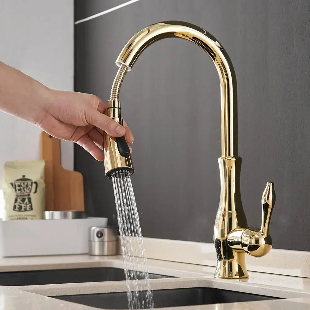 Modern black single handle kitchen faucet with curved swivel spout