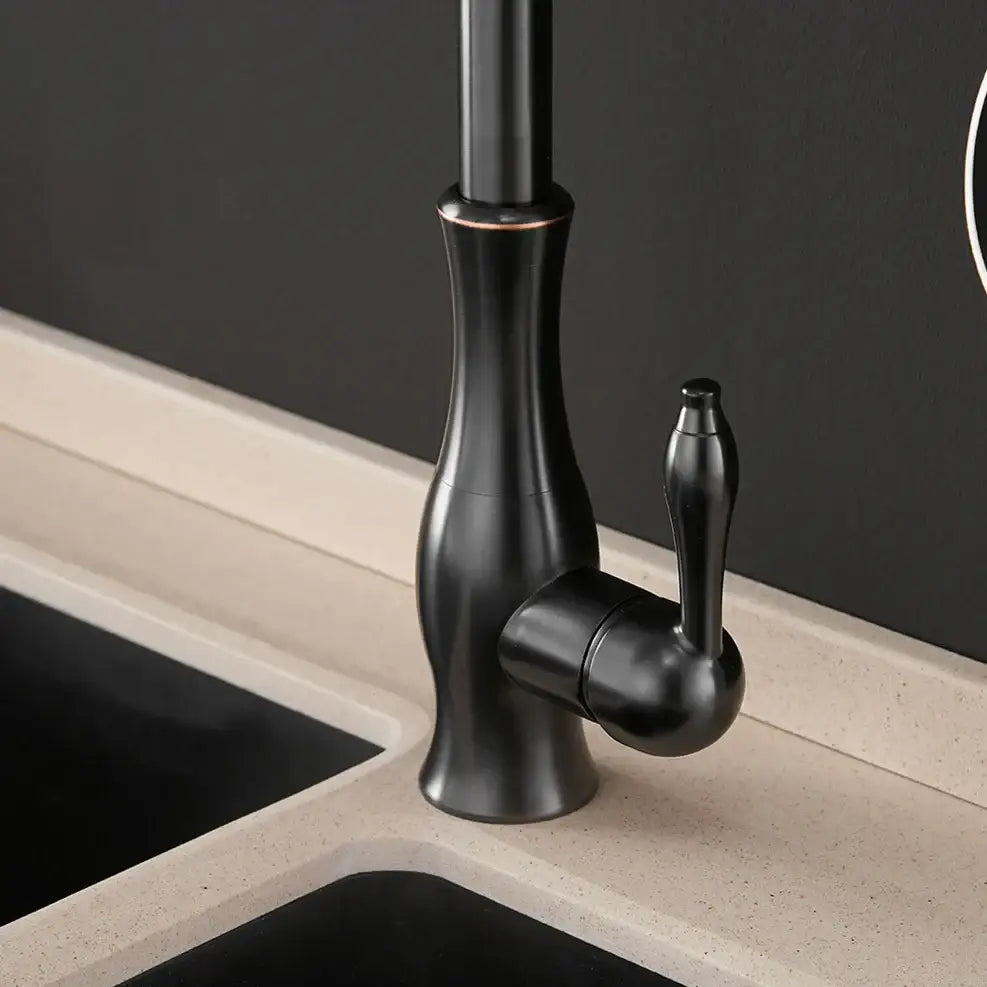 Modern black single handle kitchen faucet with curved swivel spout