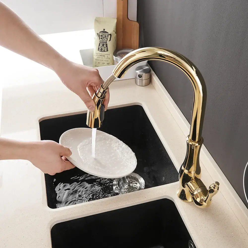 Modern black single handle kitchen faucet with curved swivel spout