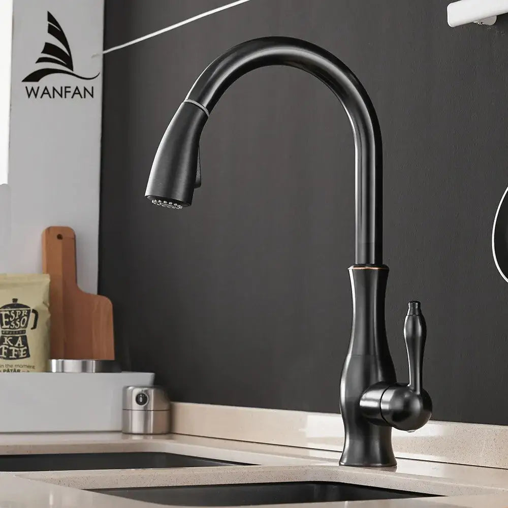Modern black single handle kitchen faucet with curved swivel spout