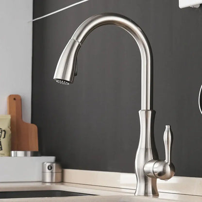Modern black single handle kitchen faucet with curved swivel spout