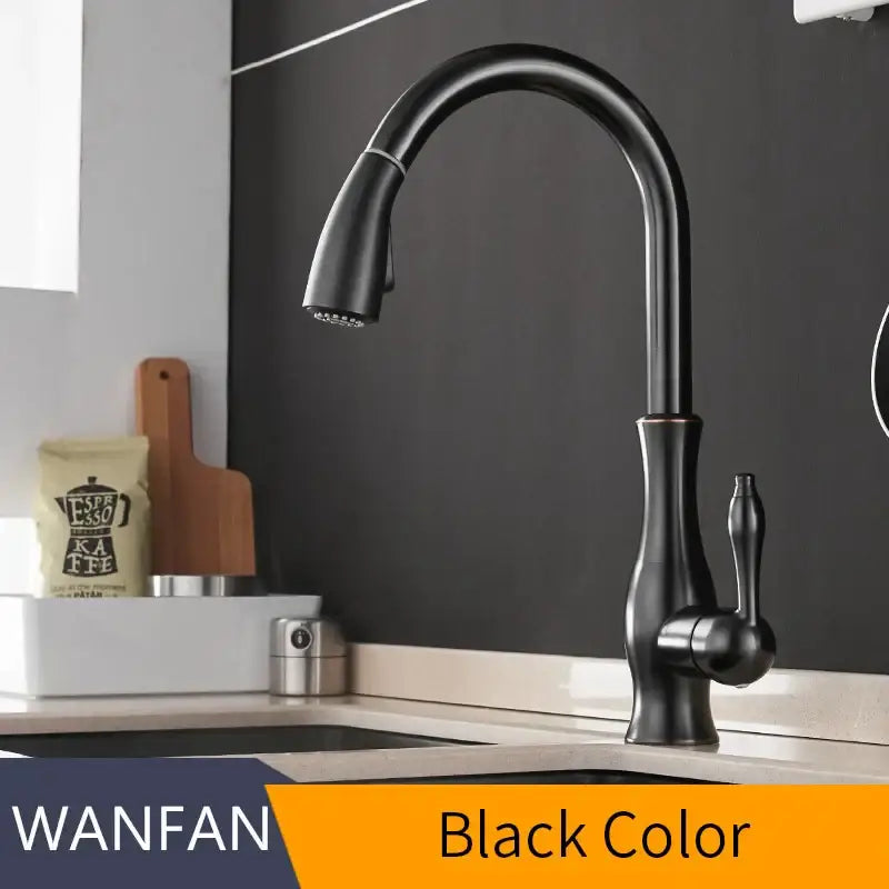 Modern black single handle kitchen faucet with curved swivel spout