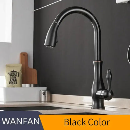 Modern black single handle kitchen faucet with curved swivel spout