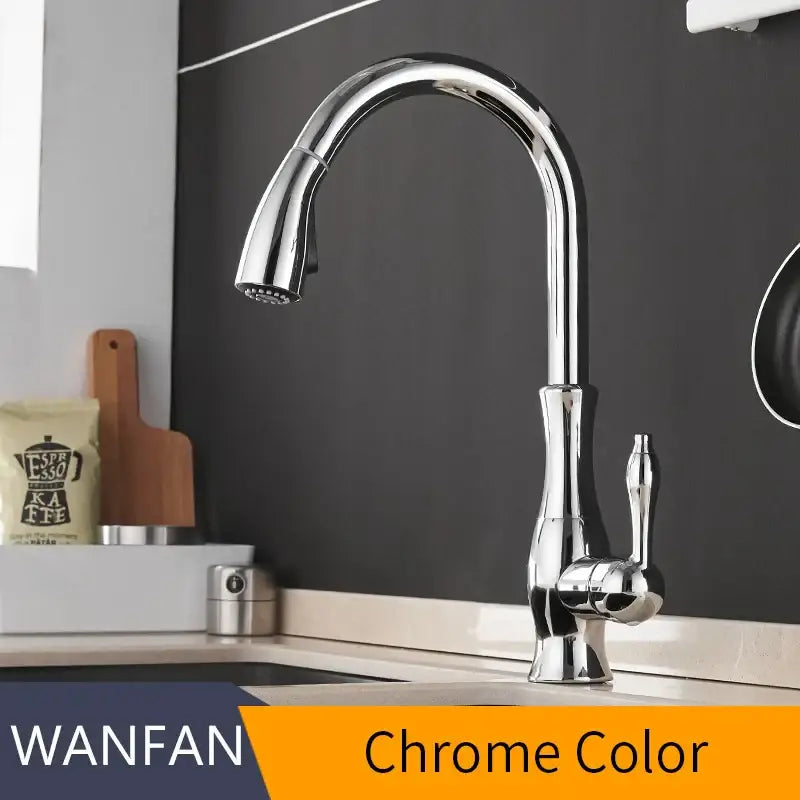 Modern black single handle kitchen faucet with curved swivel spout
