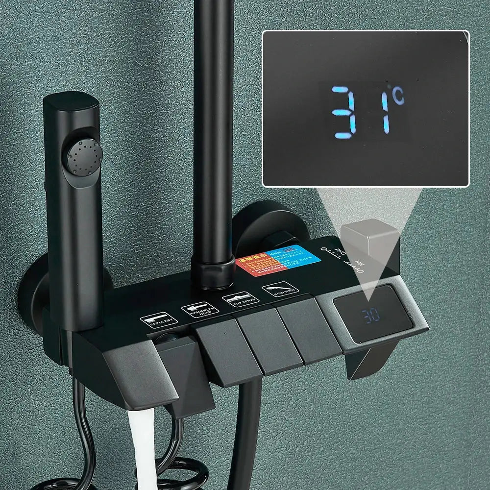 Modern black smart digital rainfall shower system bathroom set