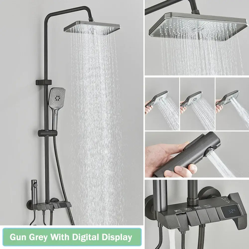 Modern black smart digital rainfall shower system bathroom set