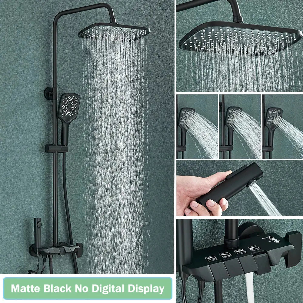 Modern black smart digital rainfall shower system bathroom set