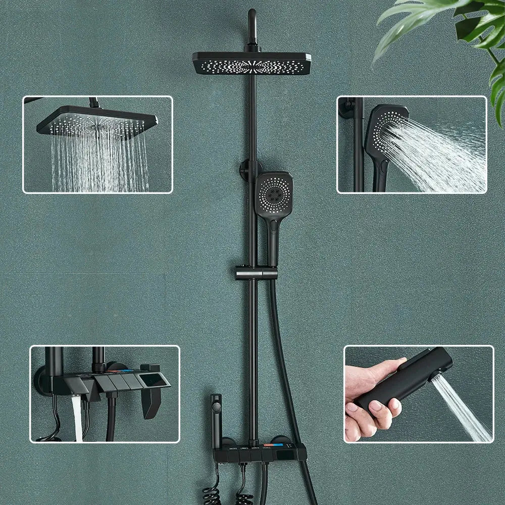 Modern black smart digital rainfall shower system bathroom set