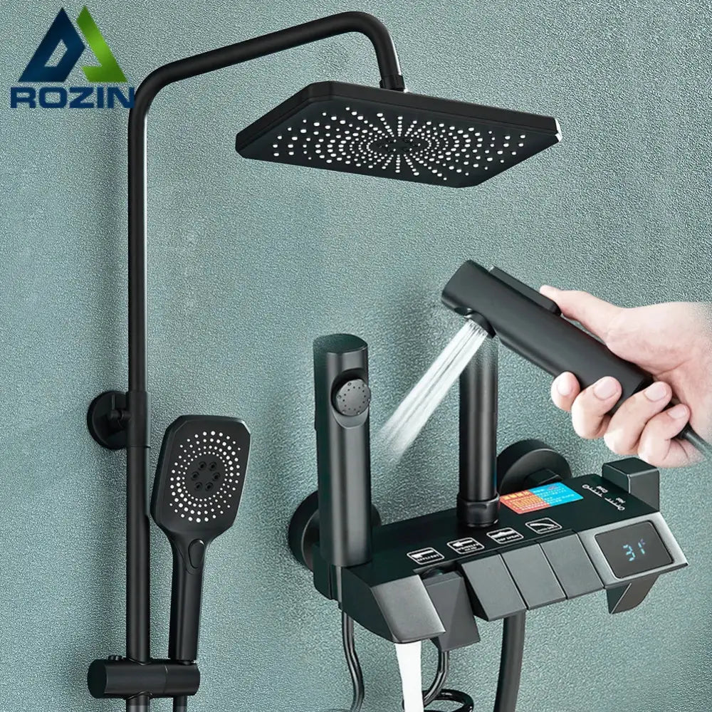 Modern black smart digital rainfall shower system bathroom set