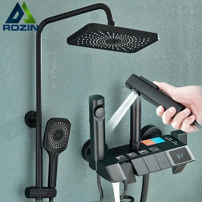 Modern black smart digital rainfall shower system bathroom set