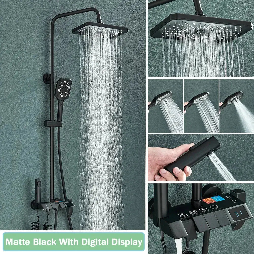 Modern black smart digital rainfall shower system bathroom set