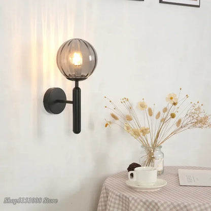Modern black smoked glass ball led wall lamp bedroom sconce
