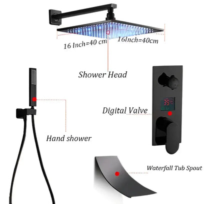 Modern black square shower faucet set bathroom led rainfall head