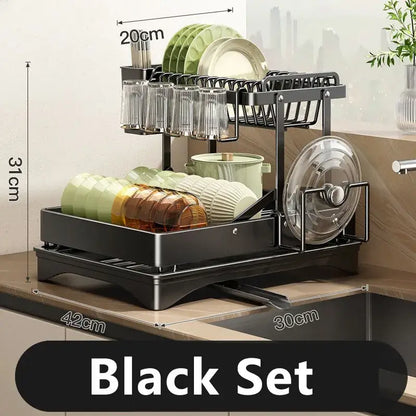 Modern black stainless steel 2 tier dish drainer rack kitchen storage