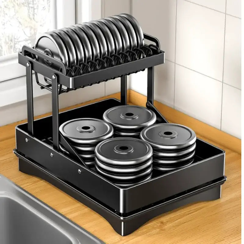 Modern black stainless steel 2 tier dish drainer rack kitchen storage