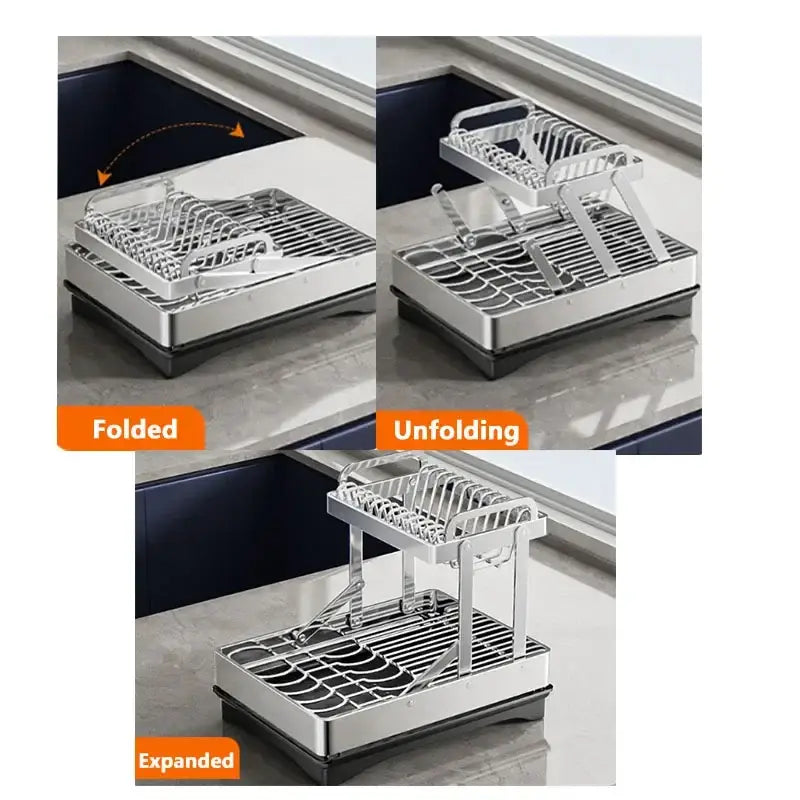 Modern black stainless steel 2 tier dish drainer rack kitchen storage