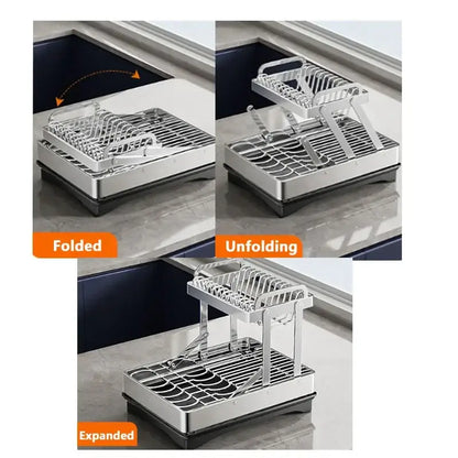 Modern black stainless steel 2 tier dish drainer rack kitchen storage