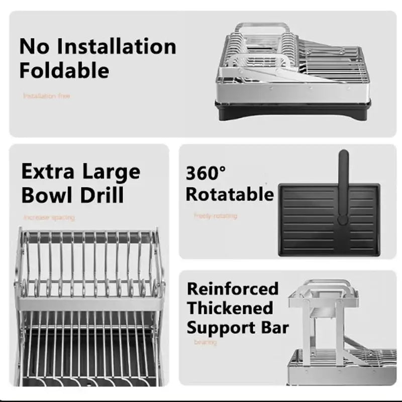 Modern black stainless steel 2 tier dish drainer rack kitchen storage