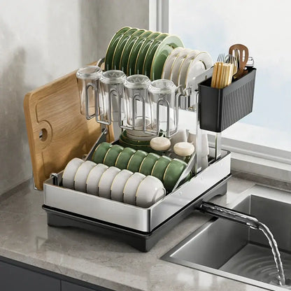Modern black stainless steel 2 tier dish drainer rack kitchen storage