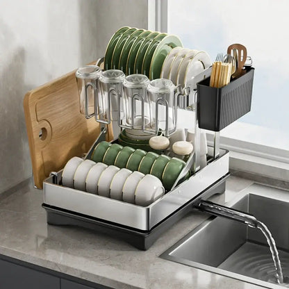 Modern black stainless steel 2 tier dish drainer rack kitchen storage