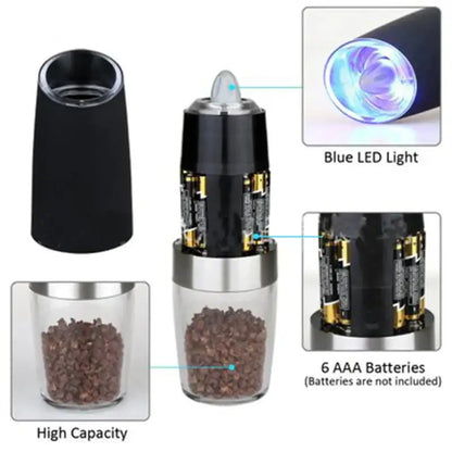 Modern black & stainless steel electric salt pepper grinder kitchen