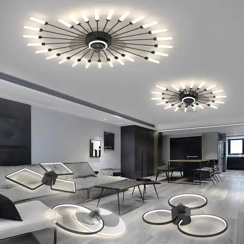 Modern black starburst chandelier ceiling fan for living room