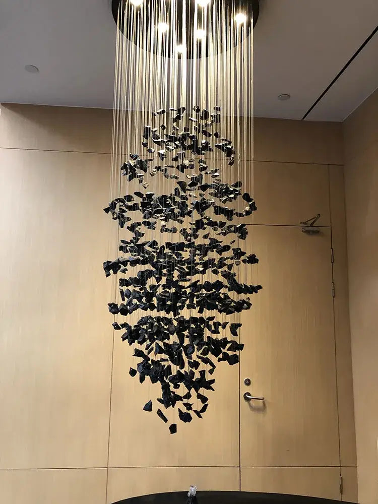 Modern black stone crystal chandelier staircase lighting