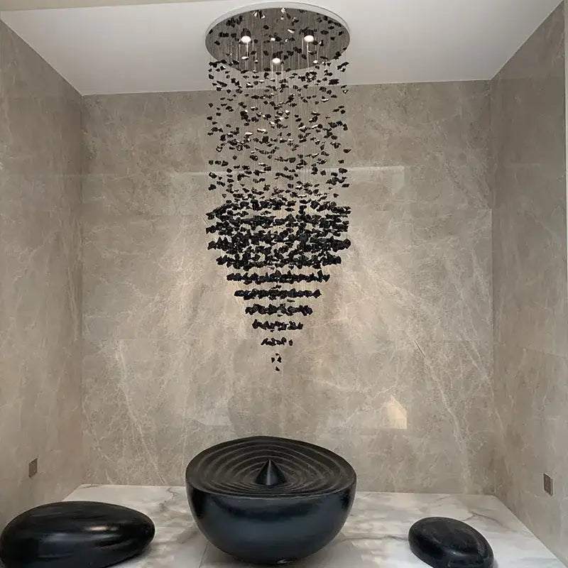 Modern black stone crystal chandelier staircase lighting