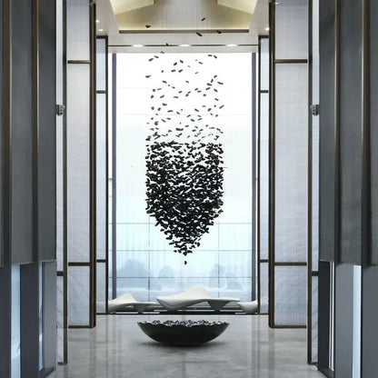 Modern black stone crystal chandelier staircase lighting