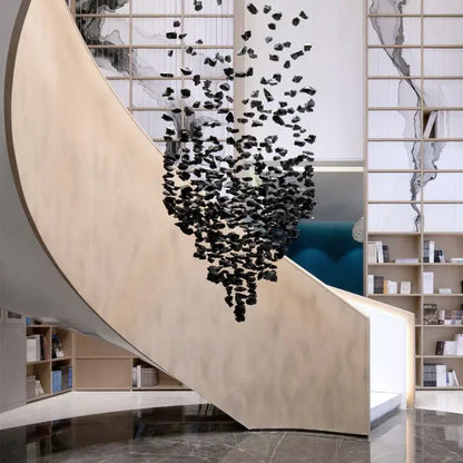 Modern black stone crystal chandelier staircase lighting